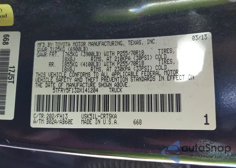 2013 Toyota Tundra Grade 5.7L V8 z USA, uszkodzony, nr VIN 5TFRY5F13DX141204